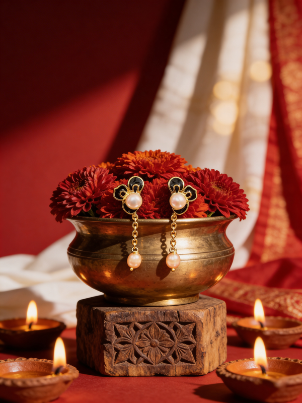 Elegant Floral Enamel & Pearl Drop Earrings