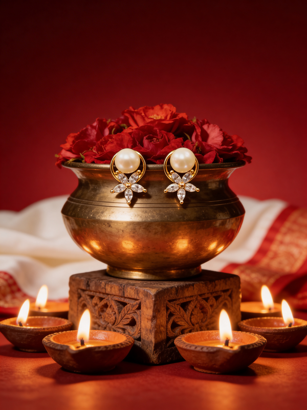 Floral Radiance Pearl CZ Stud Earrings