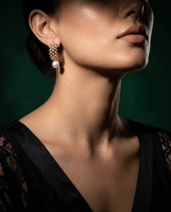 Gold-Plated Lattice Pearl Drop CZ Earrings