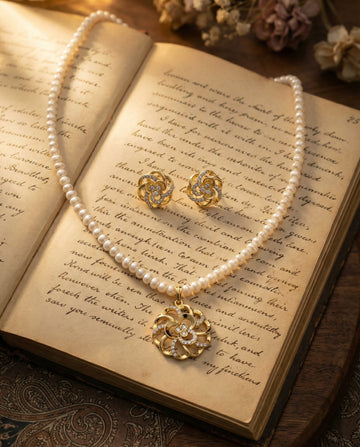 Gold-Plated Floral Pearl Jewellery Set