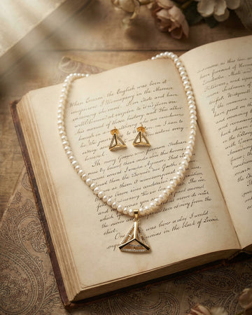 Gold-plated Pearl & CZ Triangular Jewellery Set