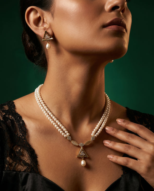 Geometric Majesty Triangular Double-Strand Pearl Jewellery Set