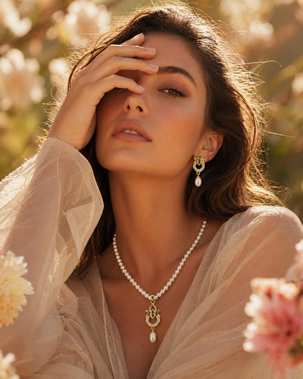 Regal Gold-Tone Lotus & Teardrop Pearl jewellery Set