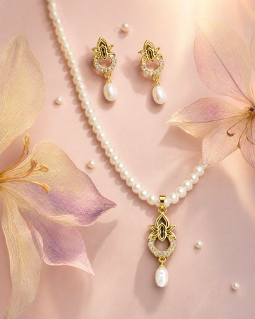 Regal Gold-Tone Lotus & Teardrop Pearl jewellery Set