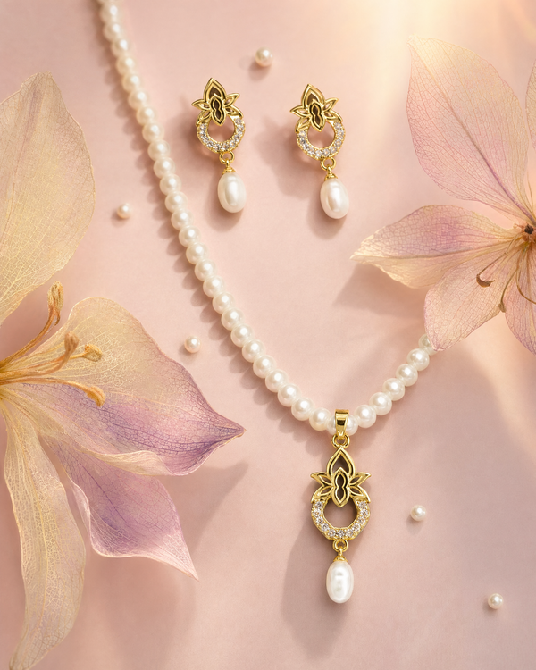 Regal Gold-Tone Lotus & Teardrop Pearl jewellery Set