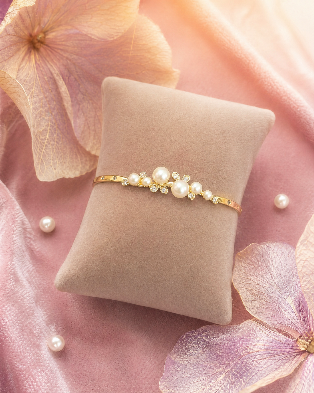 Celestial Bloom Gold Plated Pearl Cuff Adjustable Bangle