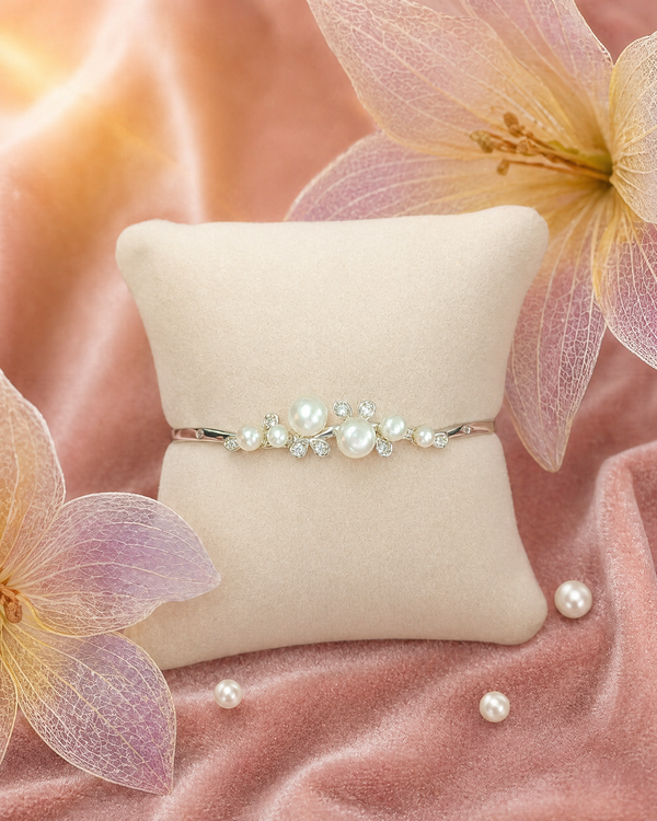 Luminous Pearl and Floral Crystal Open Cuff Adjustable Bangle