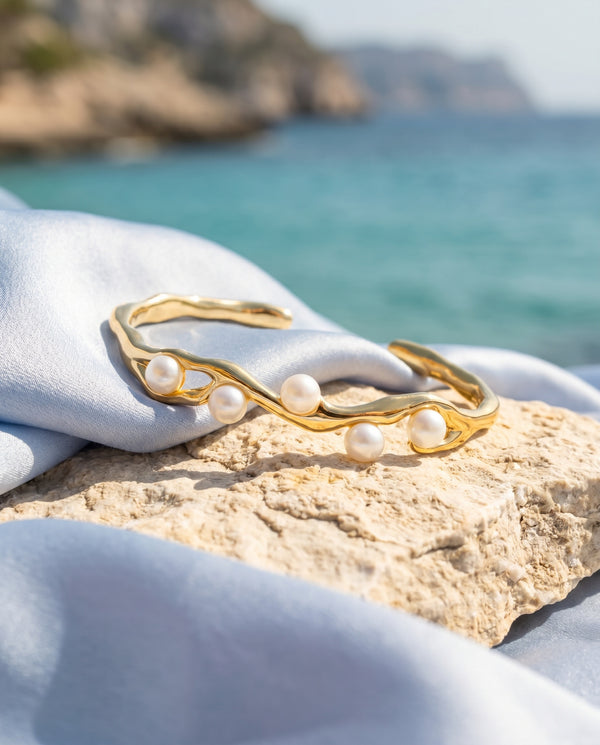 Gold Plated Wave Pearl Cuff Adjustable Bangle