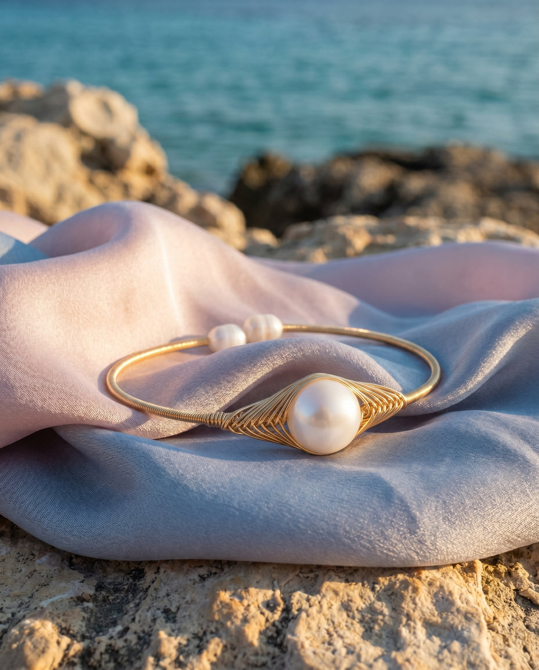 Gold-Tone Wire-Wrapped Artisan Pearls Adjustable Bracelet
