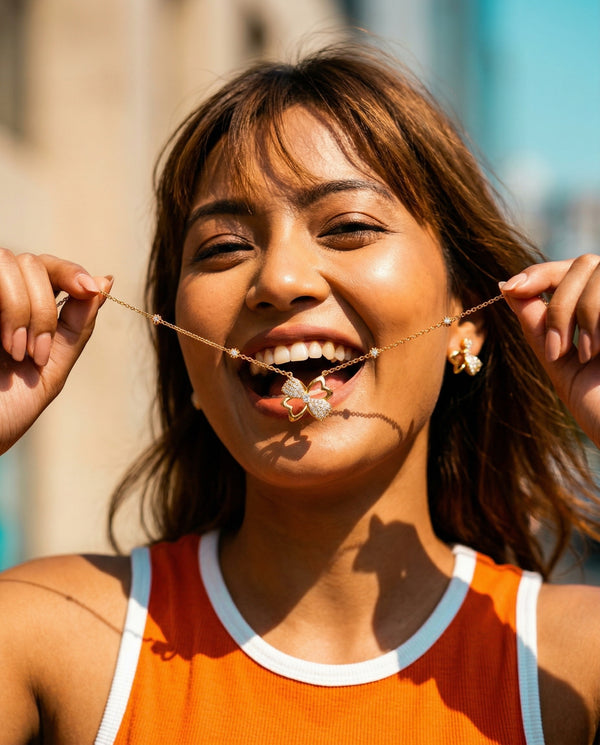 Woman wearing a necklace with a blurred background