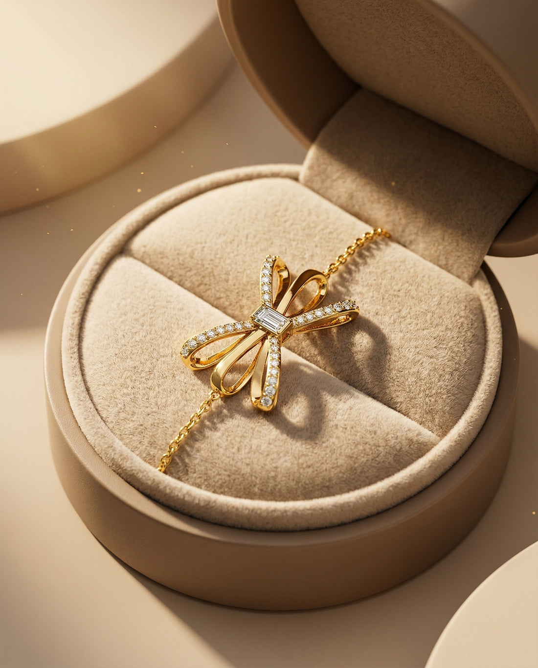 Gold bow-shaped bracelet on a white background