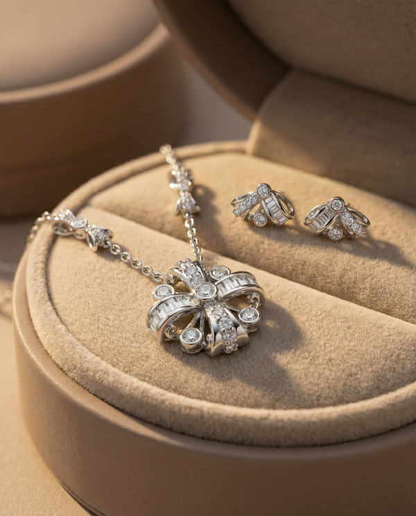 Silver jewelry set with necklace and earrings on a beige cushion