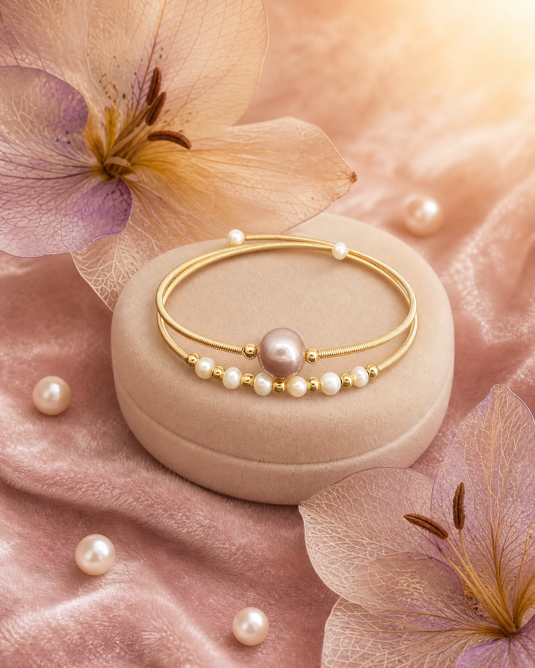 Modern Gold Plated Coil Adjustable Wrap Pearl Bracelet