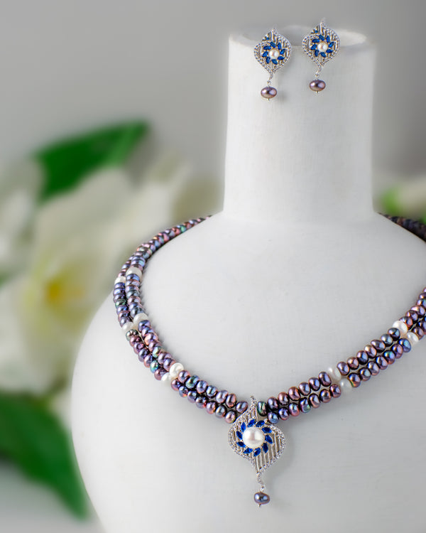 Blue CZ Stone with Pearl Designer Necklace Set