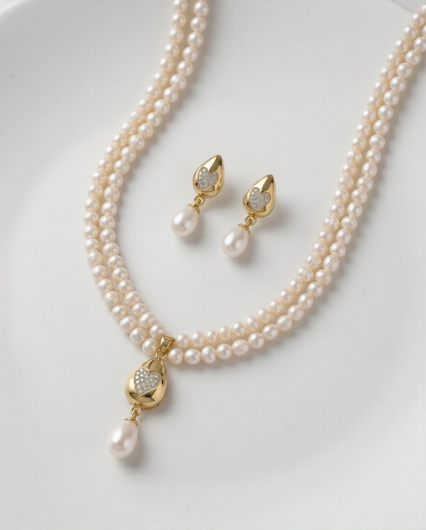 Timeless Heart-Inlay Teardrop Double-Strand Pearl Jewellery Set