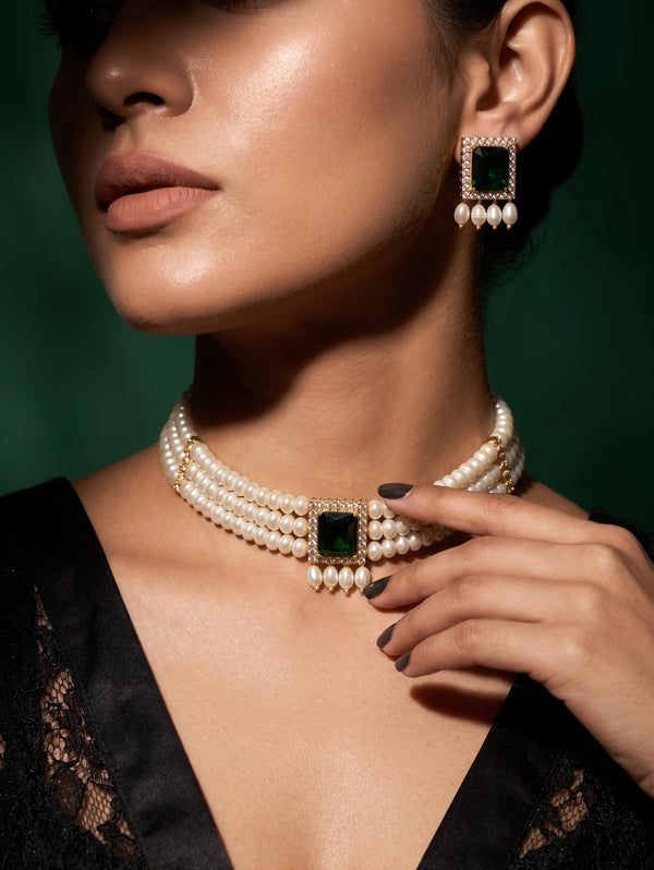 Emerald Majesty Triple-Strand Pearl Choker Set