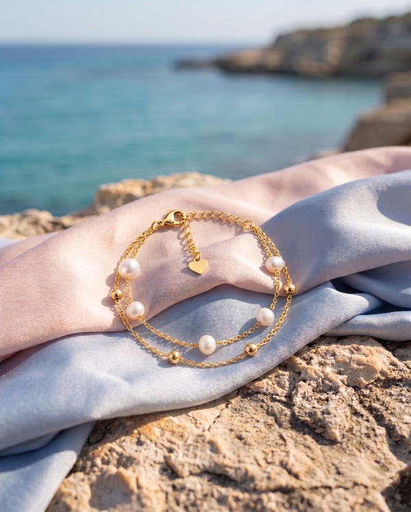 Double-Strand Gold Plated Pearl Chain Bracelet