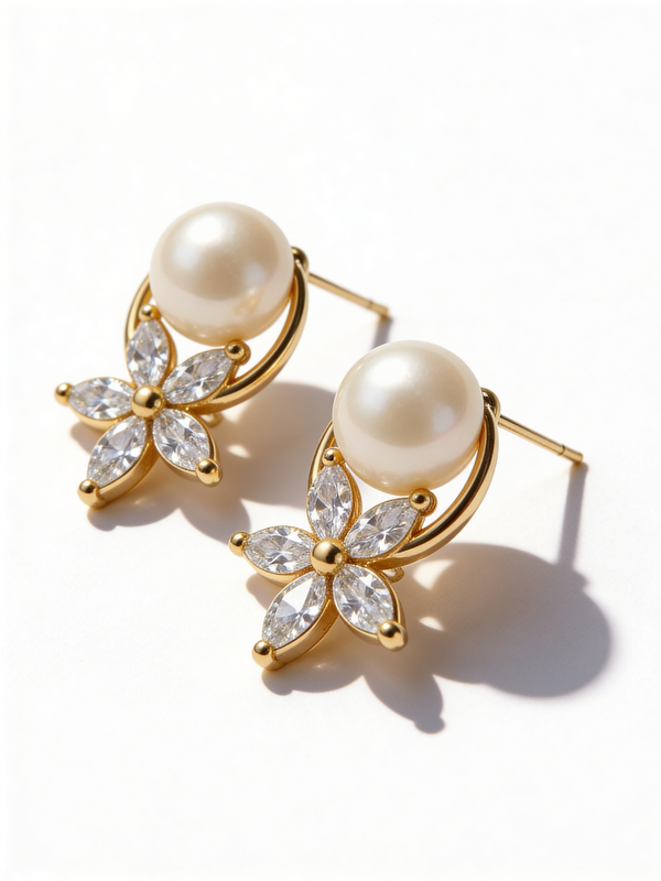 Floral Radiance Pearl CZ Stud Earrings