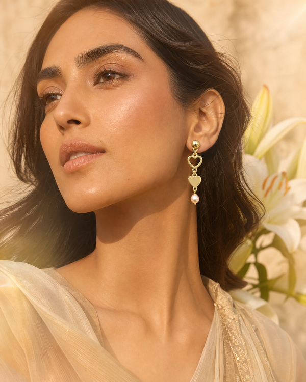 Dual Heart Golden Drop pearl Earrings