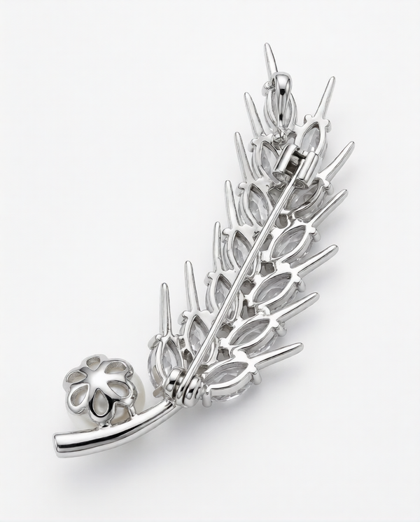 Elegant Pearl & Marquise CZ Feather Brooch