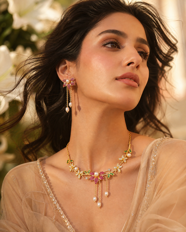 Artisanal Garden Bloom Floral Charms Pearl Jewellery Set