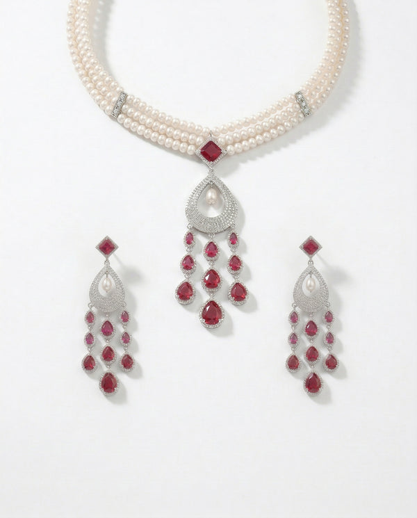 Radiant Ruby & Triple-Strand Pearl Necklace Set