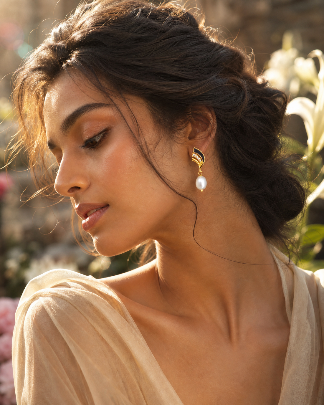Modern Art Deco Winged Pearl Drop Earrings