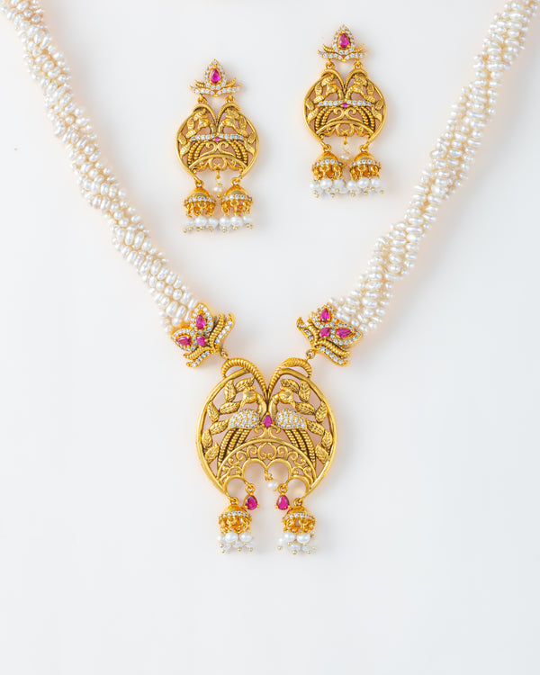 Antique Peacock Temple Necklace Set With Twisted Pearl Mala