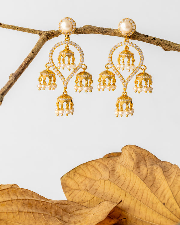 Gold Chandbali Jhumka with Multiple Pearl Drops