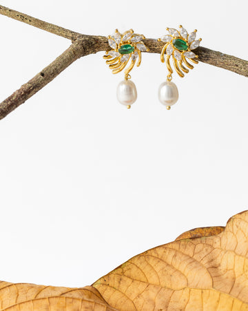 Gold Floral Earrings with Green CZ Pearl Drops
