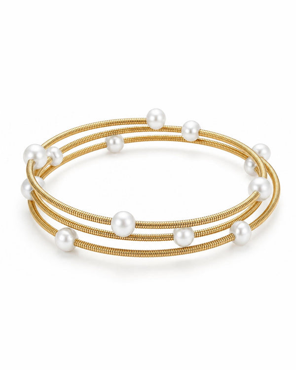 Gold Tone Coil Freshwater Pearls Adjustable Bangle