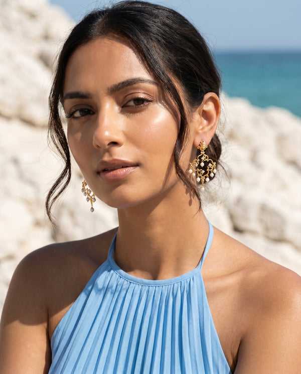 Exquisite Gold Plated Filigree Pearl Chandelier Earrings
