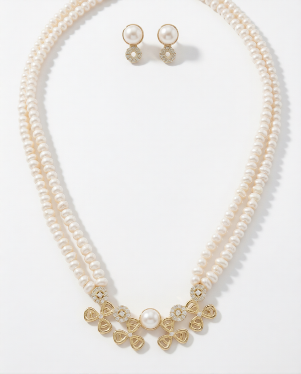 Gold Plated Bloom Double-Strand Pearl & Floral Jewellery Set