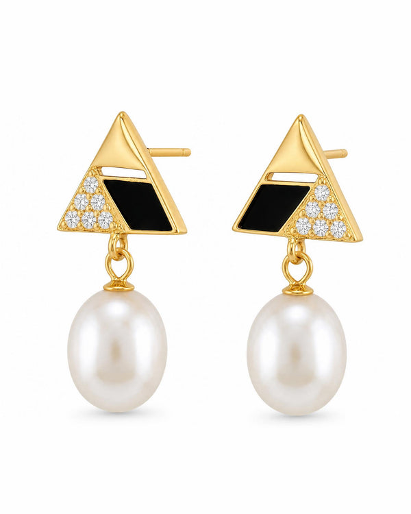 Modern Deco Geometric Triangle Teardrop Pearl Earrings
