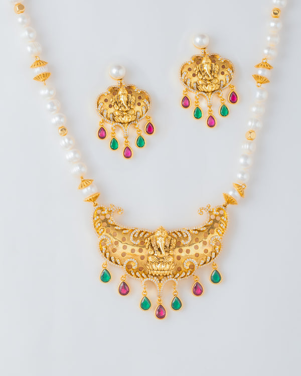 Crescent Lord Ganesh Temple Necklace With Multicolour CZ Stones