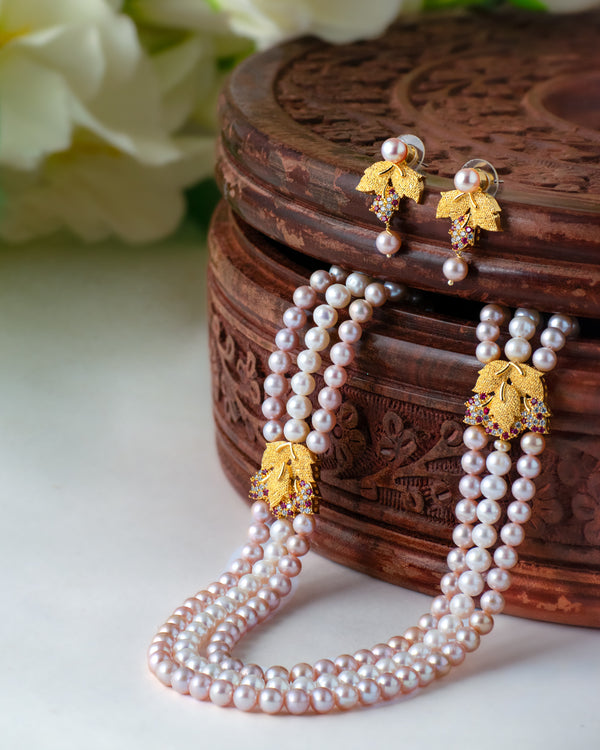 Pink Pearl & Floral Gold Motif Necklace Set