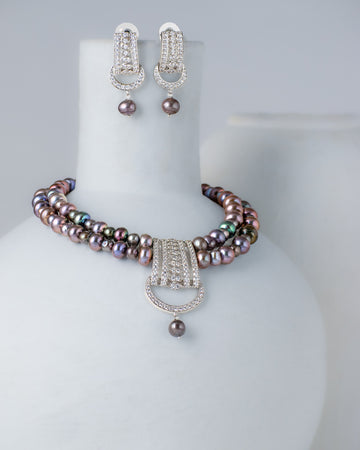 Midnight Black Pearl & CZ Contemporary Necklace Set