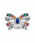 Silver butterfly ring with colorful gemstones on a white background