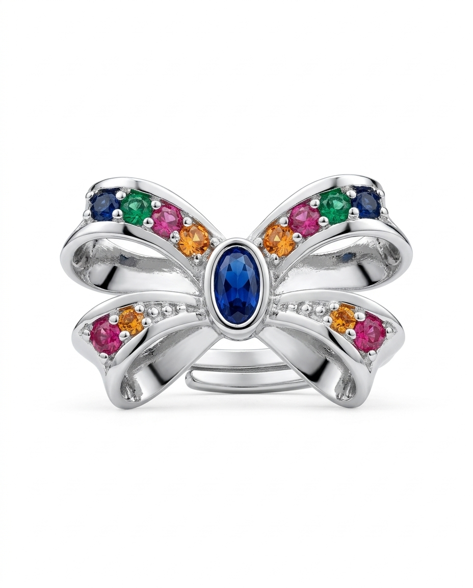 Silver butterfly ring with colorful gemstones on a white background