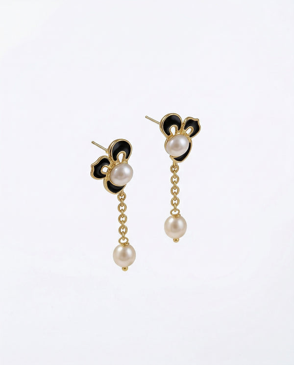 Elegant Floral Enamel & Pearl Drop Earrings