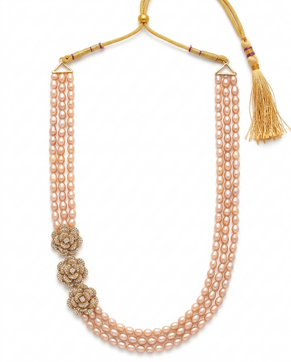 Opulent Rose Gold Triple-Strand Pearl & Floral Bloom Set