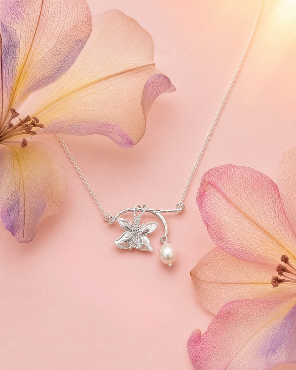 Nature-Inspired Rhodium Plated Butterfly Pearl Chain Pendant