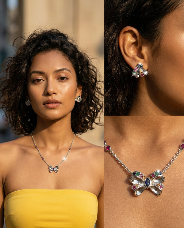 Woman wearing a necklace and earrings with close-up details