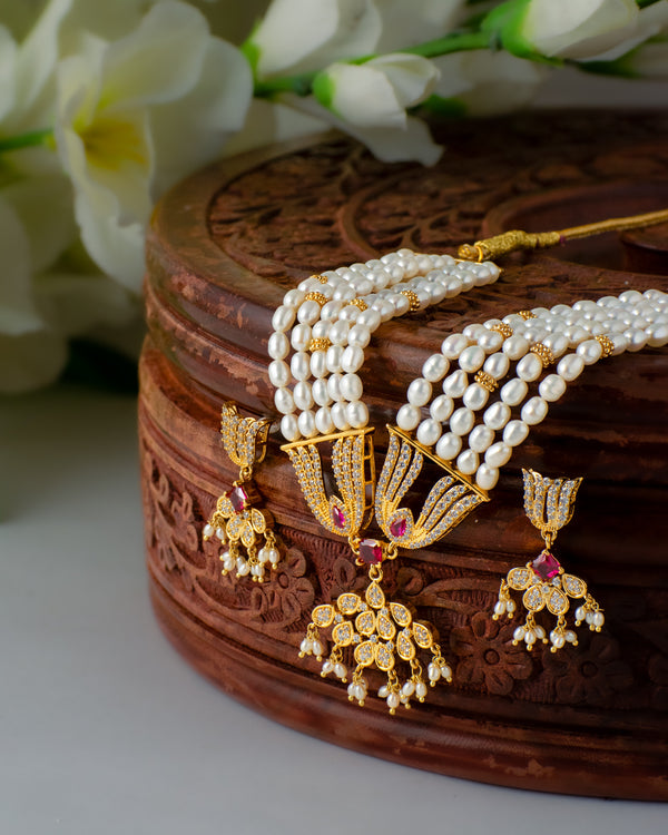 Royal Pearl & Ruby Drop Necklace Set