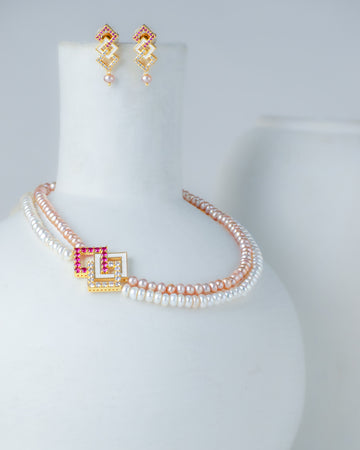 Elegant Pink & White Freshwater Pearl Necklace Set