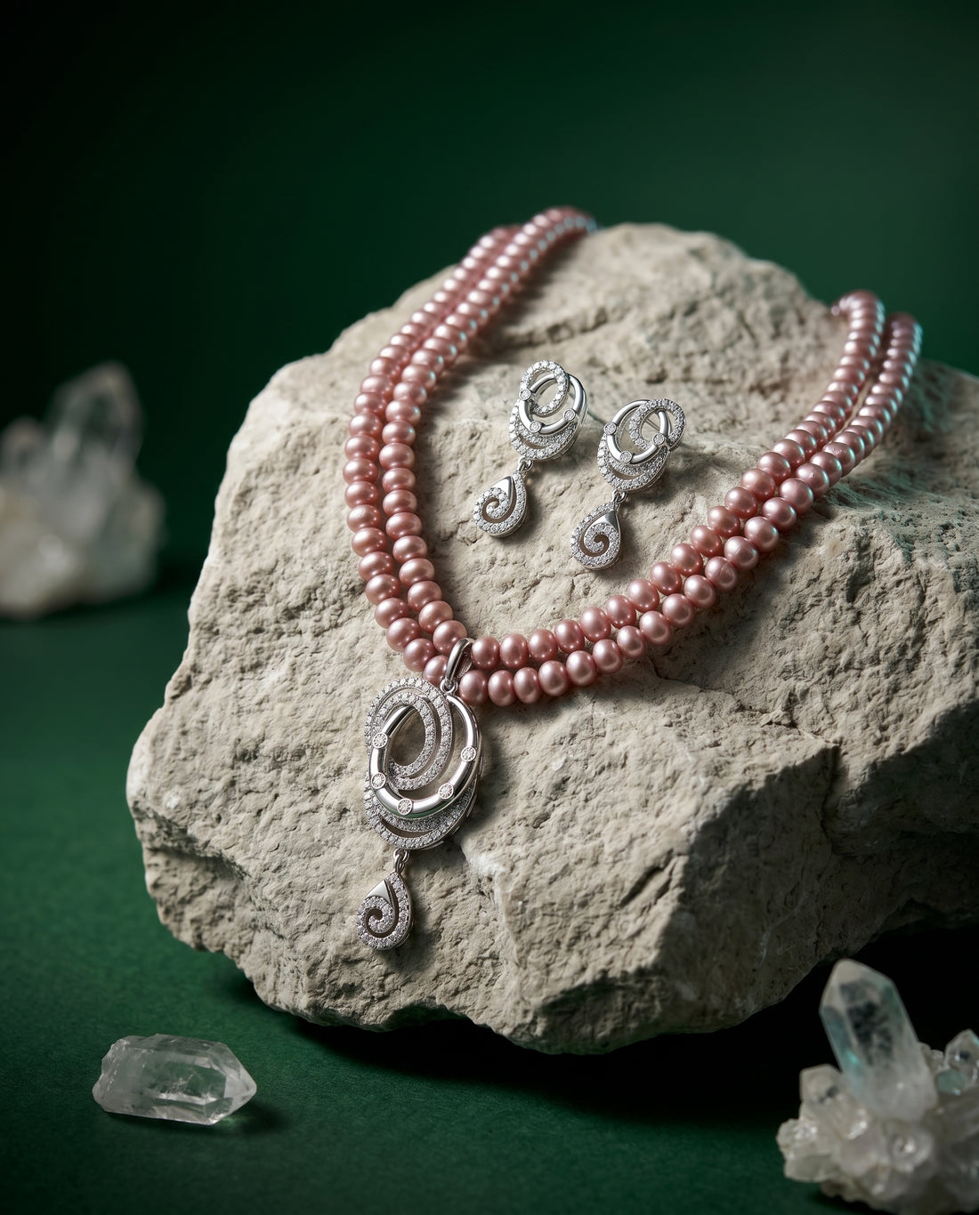 Ethereal Pink Pearl Double-Strand Swirl Drop Necklace & Earring Set