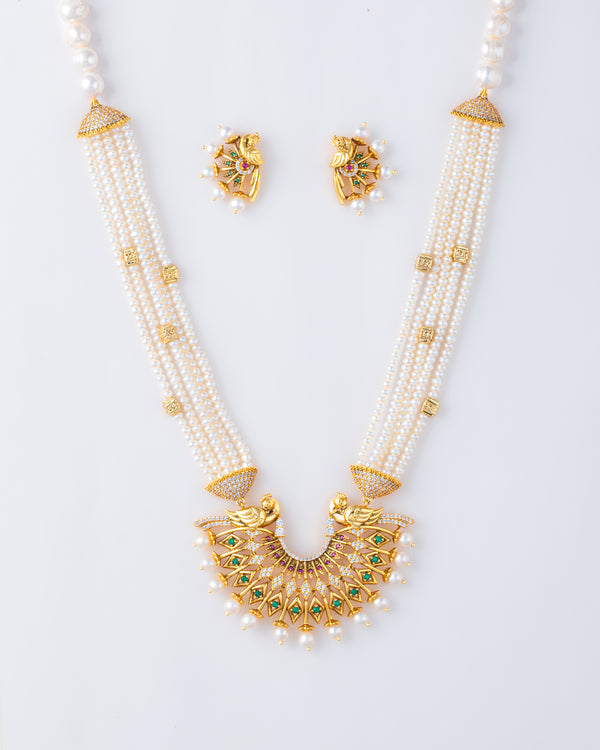 Peacock Temple Pearl Necklace Set With CZ Stones