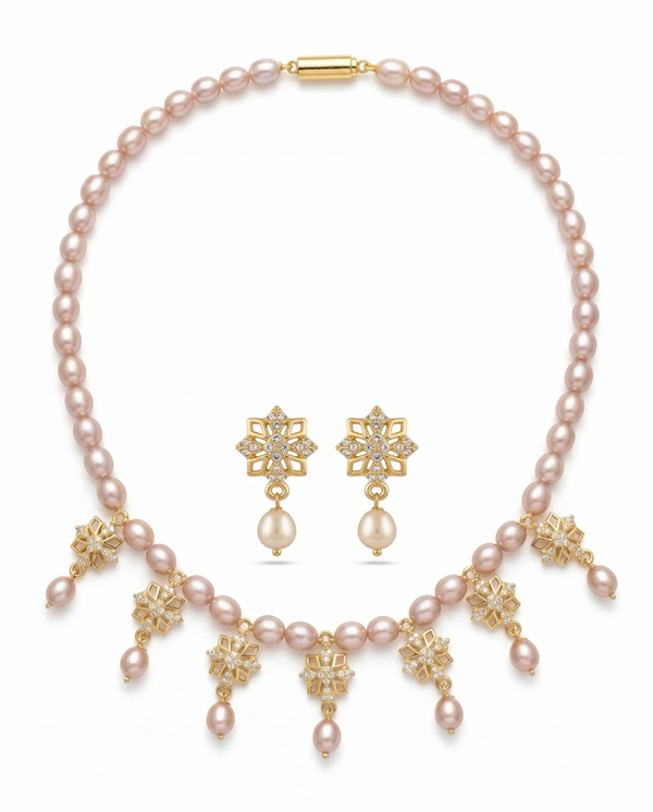 Blush Rose Pearl & Snowflake CZ Jewellery Set
