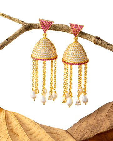Gold Jhumkas with Pearl Chain Danglers