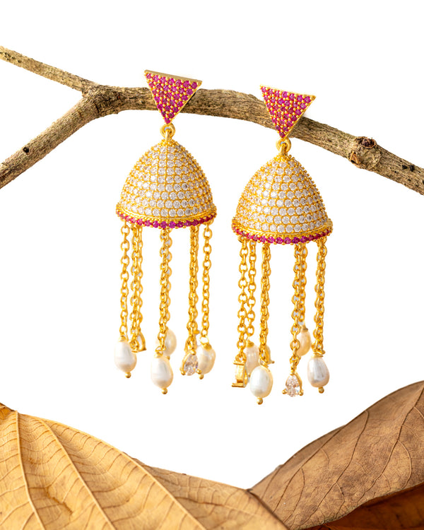 Gold Jhumkas with Pearl Chain Danglers